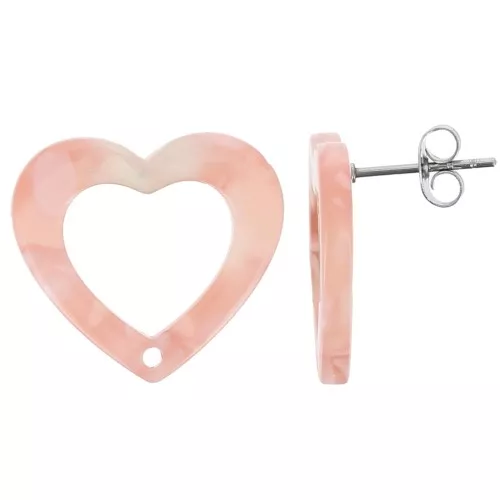 Orecchini perno cuore scavato 19x21mm Acetato Tartaruga Salmone Perla Bianca x2