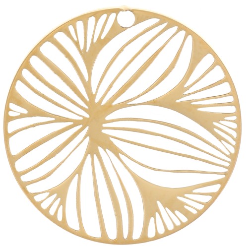 Ciondolo rotondo traforato 15 mm - motivo floreale - Acciaio inox 316L dorato x1