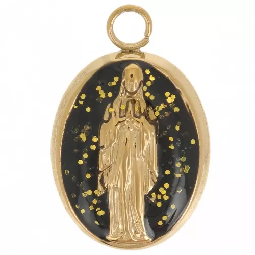 Ciondolo ovale 15,5x10 mm religioso Acciaio inox dorato 304L - Nero glitter
