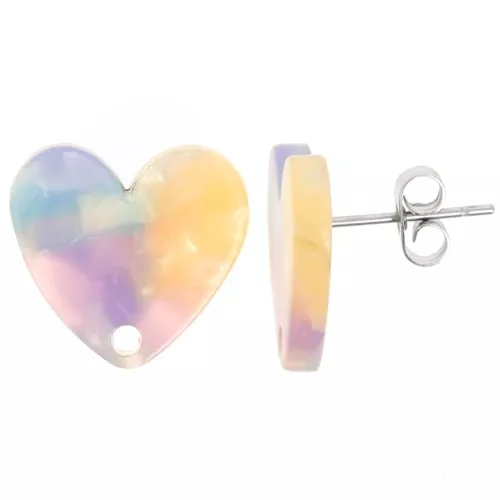 Orecchini perno cuore in acetato 14x15,5 mm - Blu tartaruga - Rosa x2