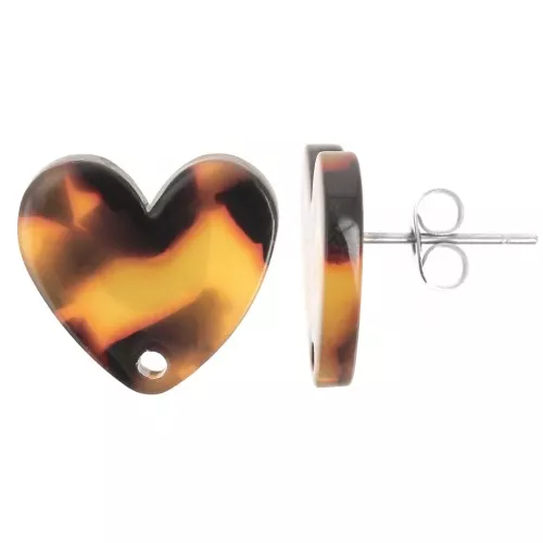 Orecchini perno cuore in acetato 14x15,5 mm - Tartaruga - Marrone Nero x2