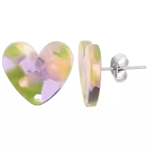 Orecchini perno cuore in acetato 14x15,5 mm - Tartaruga - Verde Viola x2