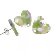 Orecchini perno cuore in acetato 14x15,5 mm - Tartaruga - Verde Viola x2