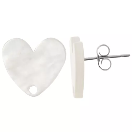 Orecchini perno cuore in acrilico 14x15,5 mm - Bianco perlato x2