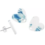 Orecchini perno cuore in acrilico 14x15,5 mm - Blu marmorizzato - Bianco x2