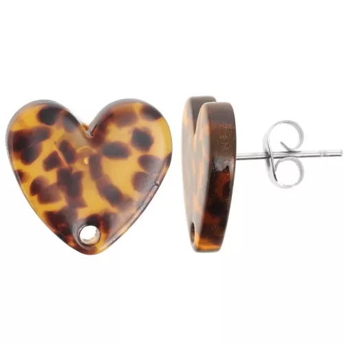 Orecchini perno cuore in acetato 14x15,5 mm - Terrazzo Brown - Nero x2