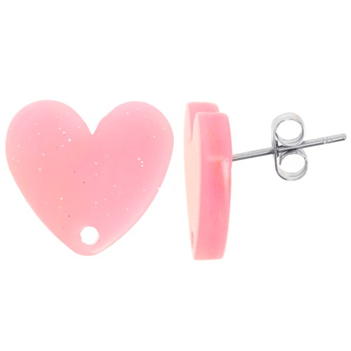 Orecchini a cuore in acrilico 14x15,5 mm - Brillantini rosa x2