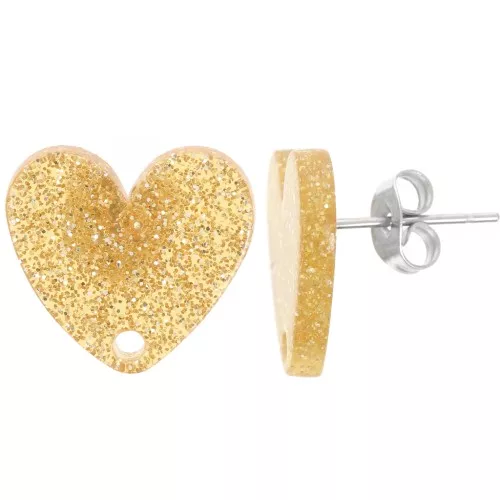 Orecchini perno cuore in acrilico 14x15,5 mm - Glitter oro x2