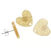 Orecchini perno cuore in acrilico 14x15,5 mm - Glitter oro x2