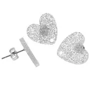 Orecchini perno cuore in acrilico 14x15,5 mm - Glitter argento x2