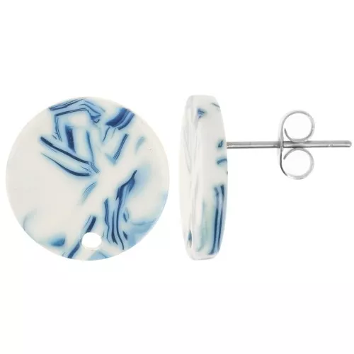 Orecchini tondi in acetato da 15 mm - Blu marmorizzato - Bianco x2