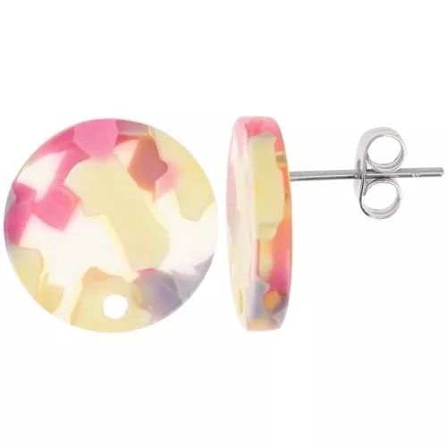 Orecchini tondi in acetato da 15 mm - Terrazzo Vaniglia - Rosa pastello x2