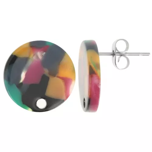 Orecchini tondi di acetato da 15 mm - Verde tartaruga - Fucsia x2