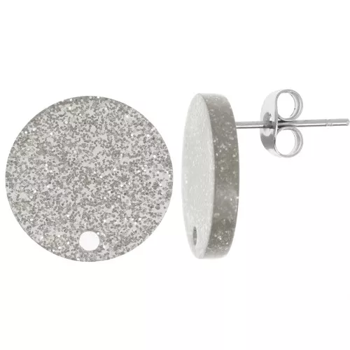 Orecchini tondi in acrilico da 15 mm - Brillantini argento x2