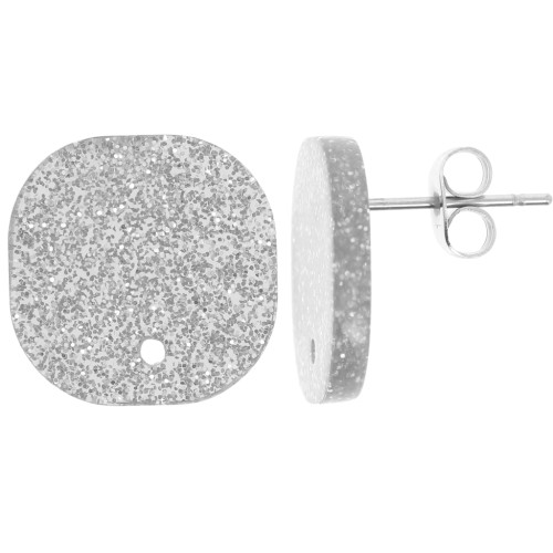 Orecchini quadrati arrotondati in acrilico 15 mm - Glitter argento x2