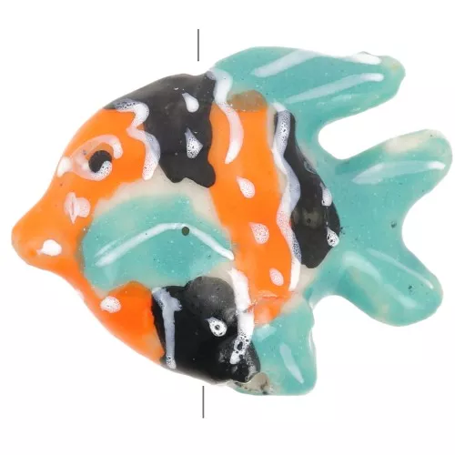 Perlina pesce in ceramica 17x22 mm - Arancione - Blu - Nero x1
