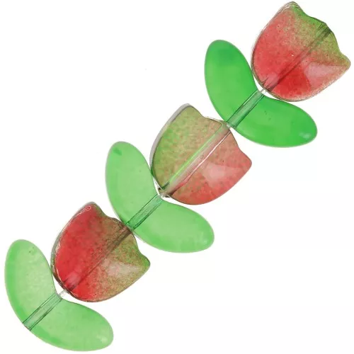 Set di 6 perline Tulipano in vetro - 14 mm - Fiore rosso - Verde