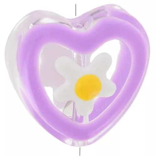 Perla di vetro a cuore con motivo floreale in resina epossidica - 12 mm - Viola x1