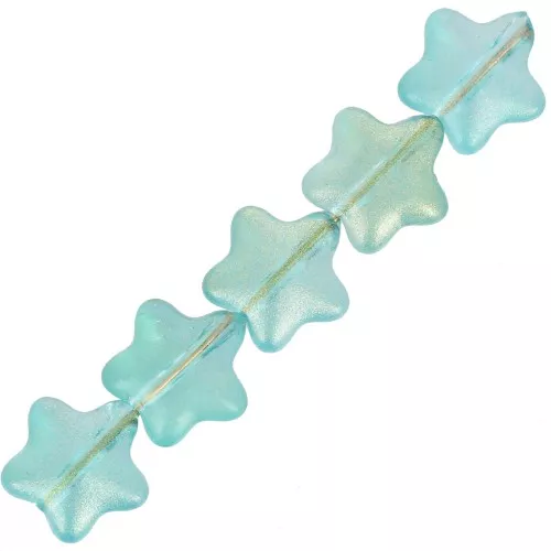 Perle di vetro a stella 8 mm - Blu turchese - Glitter oro x10