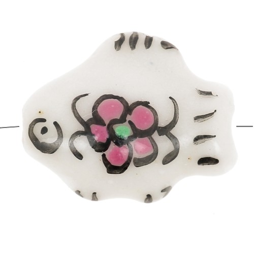 Perla pesce in ceramica 11x15 mm design floreale - Rosa - Bianco x1