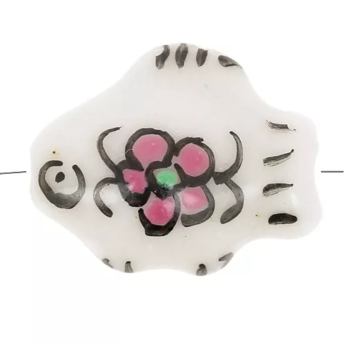 Perla pesce in ceramica 11x15 mm design floreale - Rosa - Bianco x1