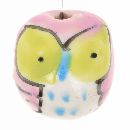 Perla gufo in ceramica 15 mm - Rosa - Verde x1