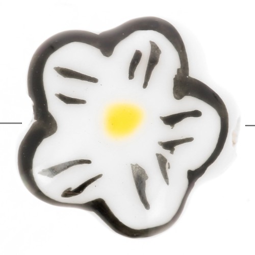 Perla fiore in ceramica 14,5 mm - Bianco - Nero x1