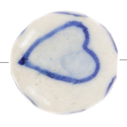 Perla piatta rotonda in ceramica con motivo a cuore 15 mm - Bianco - Blu navy x1