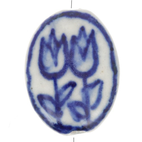 Perla ovale piatta in ceramica con motivo floreale 21x16,5 mm - Bianco - Blu navy x1