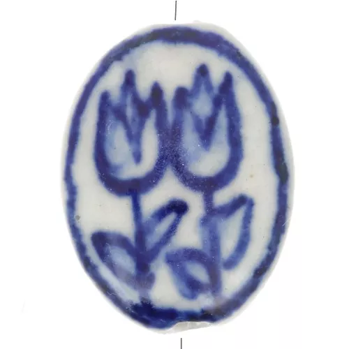 Perla ovale piatta in ceramica con motivo floreale 21x16,5 mm - Bianco - Blu navy x1