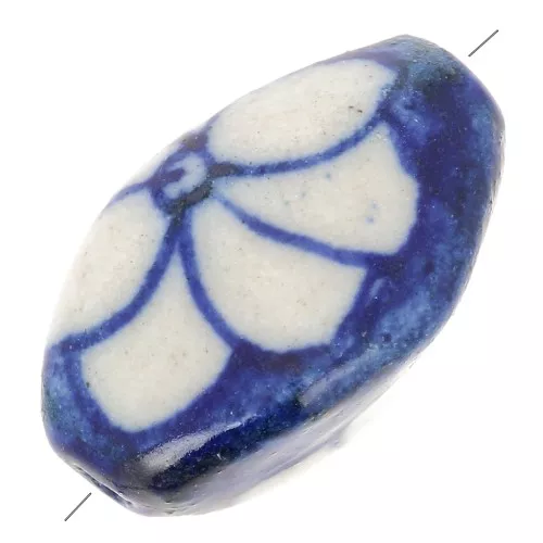 Perla ovale in ceramica con motivo floreale 19x11 mm - Blu navy - Bianco x1