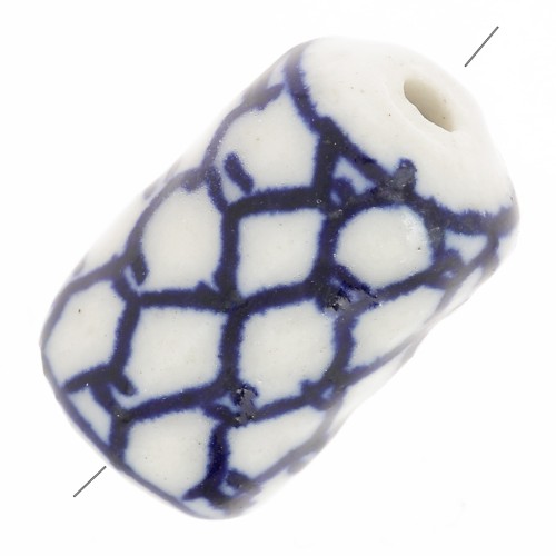 Perla tubolare in ceramica con motivo grafico 15x10 mm - Blu navy - Bianco x1
