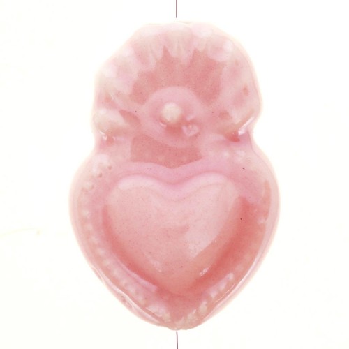 Perla cuore messicana Ex-voto in ceramica 15x10 mm - Rosa iridescente x1