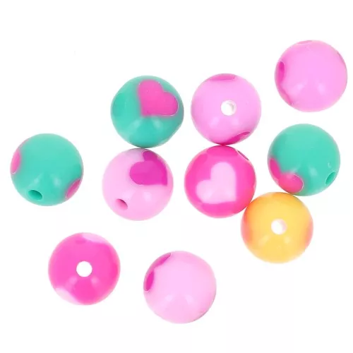 Assortimento di perline rotonde con motivo a cuore - 12 mm - Multicolore x10