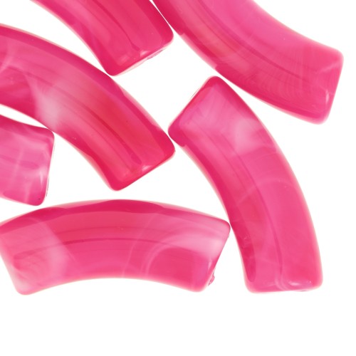 Perline tubolari curve in acrilico trasparente 35x11 mm - Fucsia marmorizzato x6