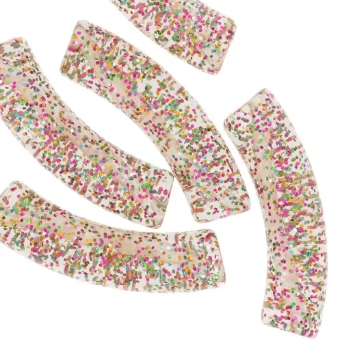 Perline tubolari curve 32x8 mm in acrilico trasparente - Grigio glitterato multicolore x6