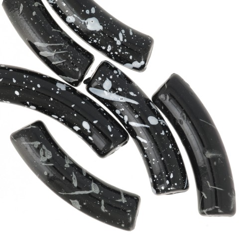 Perle tubulari in acrilico opaco 32x8 mm - Nero screziato bianco x6