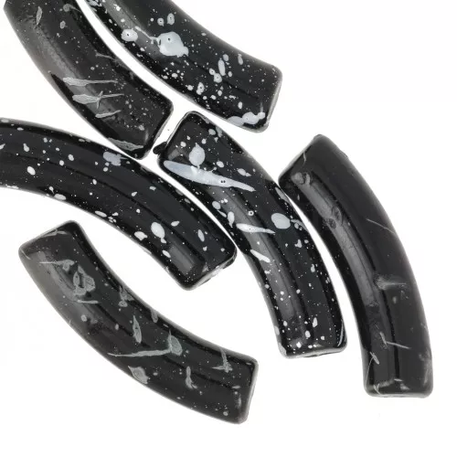 Perline tubolari curve 32x8 mm in acrilico opaco - Nero screziato bianco x6