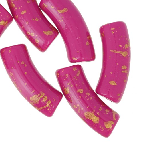 Perline tubolari curve 35x11 mm in acrilico opaco - Fucsia - Oro screziato x6
