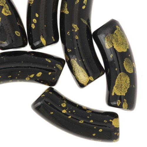 Perline tubolari curve 35x11 mm in acrilico opaco - Nero - Oro screziato x6