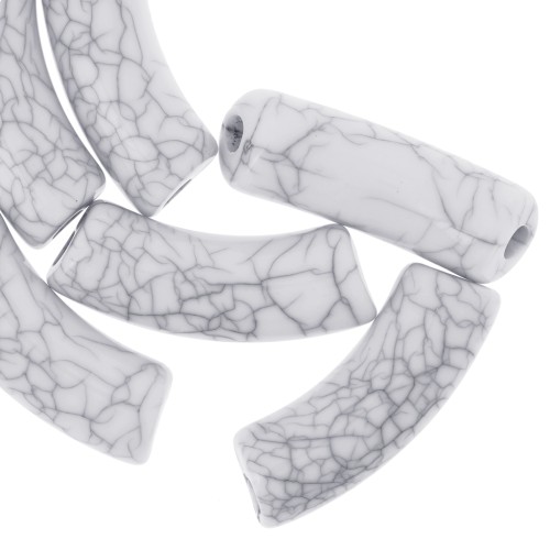 Perline tubolari curve 35x11mm effetto crackle in acrilico opaco - Bianco x6