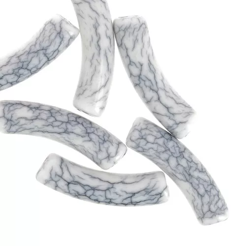 Perline tubolari curve 32x8 mm in acrilico opaco - effetto crackle - Bianco x6