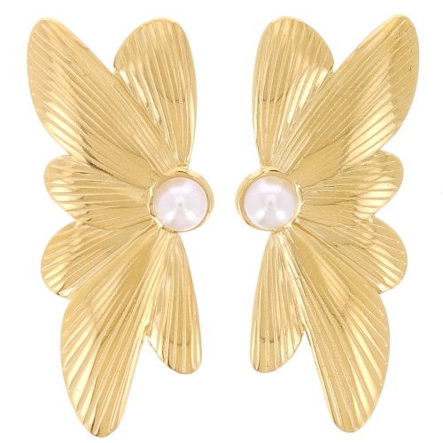 Orecchini a mezzo fiore 40x16 mm con cabochon in acciaio inox 304L dorato x2