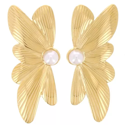 Orecchini a mezzo fiore 40x16 mm con cabochon in acciaio inox 304L dorato x2