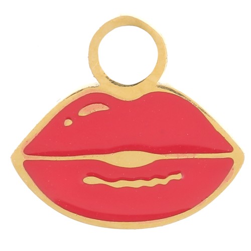 Ciondolo a bocca 8x9 mm Resina- Acciaio inox dorato - Rosso x1