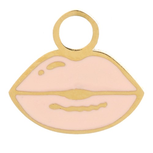 Ciondolo a forma di bocca 8x9 mm Resina- Acciaio inox dorato- Rosa chiaro x1