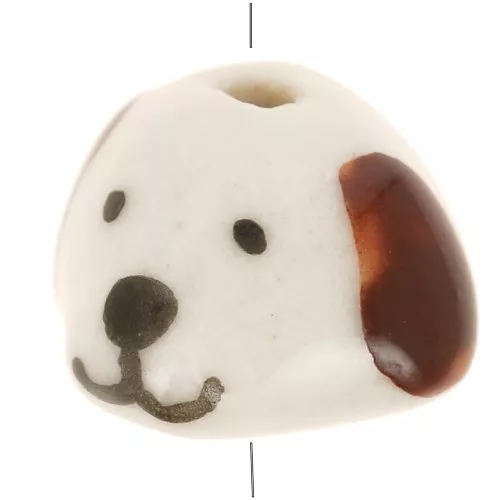 Perlina in ceramica a testa di cane 10x14 mm Bianco - Marrone x1