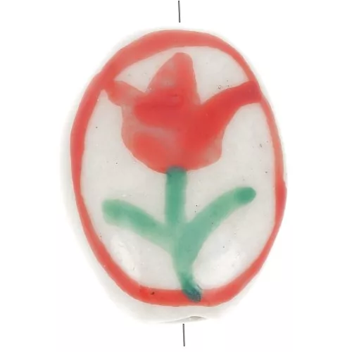 Perlina ovale piatta in ceramica con motivo floreale 14x11 mm - Bianco - Rosso x1