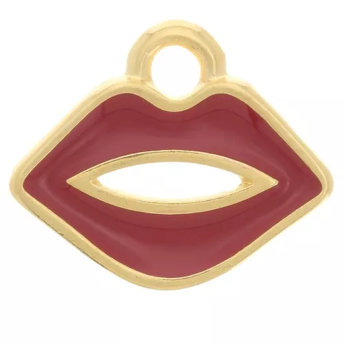 Ciondolo bocca 11x13 mm con resina epossidica - Dorato con oro fino - Rosso scuro x1