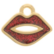 Ciondolo bocca 11x13 mm in resina epossidica - Dorato con oro fino - Glitter rosso x1